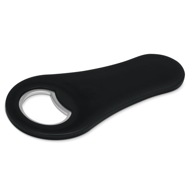 A drink bottle opener in sleek black, featuring a circular opening and a smooth handle design. It has a logo displayed.