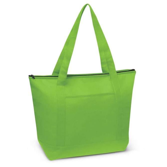 A bright green cooler bag with two handles and a zip closure, featuring a front pocket and branding.