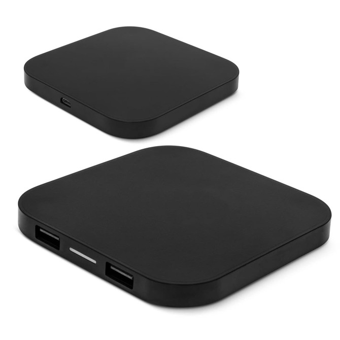 A black wireless charging hub with a sleek, minimalist design, featuring USB ports for connectivity.