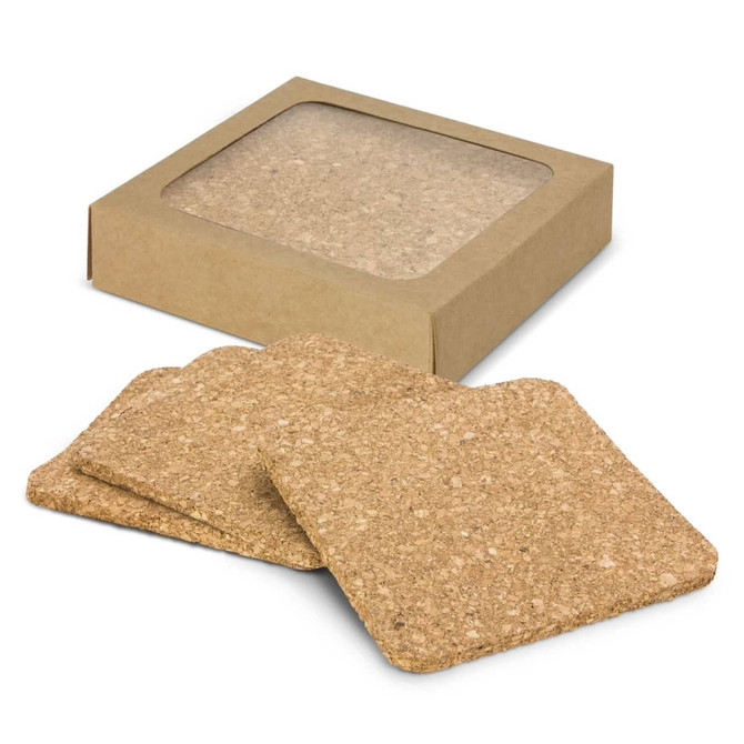A square set of four natural cork coasters, presented in a cardboard box with a clear window.