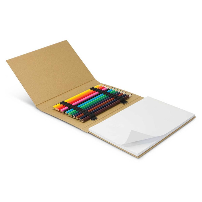 A sketch set featuring assorted coloured pencils in vibrant shades and a pad of blank paper, all housed in a kraft folder.