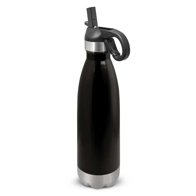 A drink bottle featuring a sleek black design with a stainless steel bottom and a flip lid for easy access.