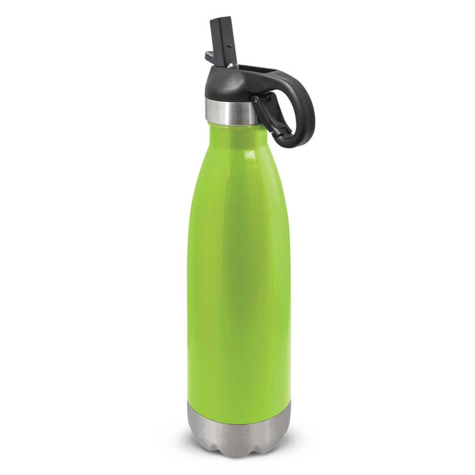 A drink bottle in vibrant green with a flip lid and stainless steel base, featuring a black handle and branding.
