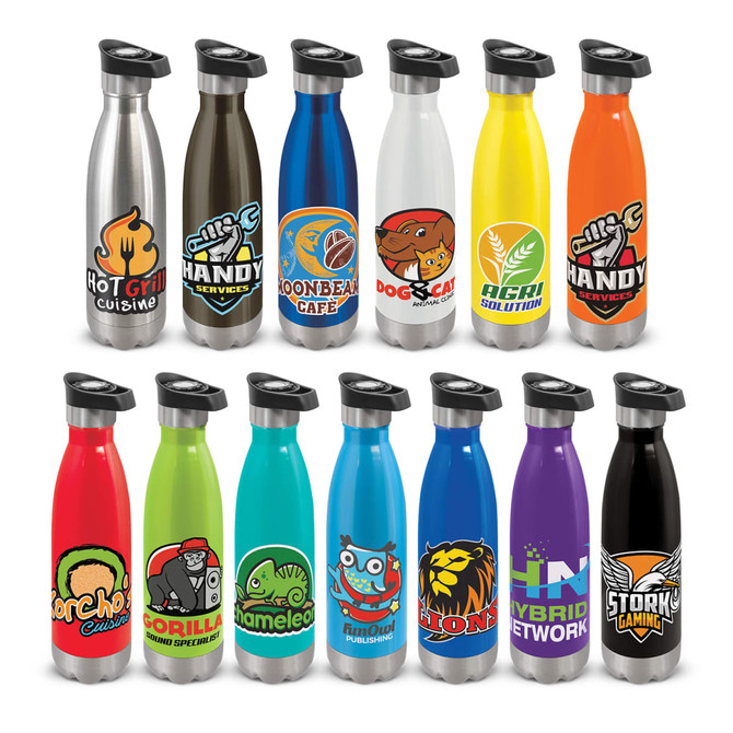 A drink bottle collection featuring various colours, including silver, blue, orange, green, red, and purple, with multiple logos.