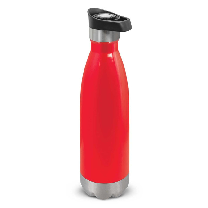 A drink bottle in bright red with a push-button lid and a silver base. It features a logo on the body.