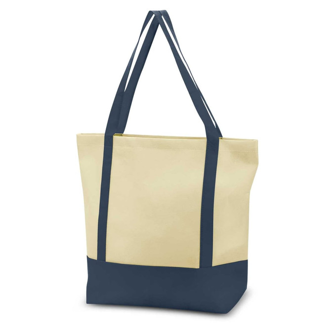 A beige tote bag with navy blue handles and a navy blue base, featuring a logo.