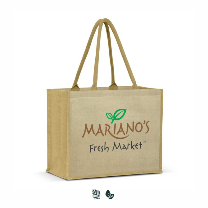 A tan tote bag with sturdy handles and a logo on the front. It's made from a jute-like material.