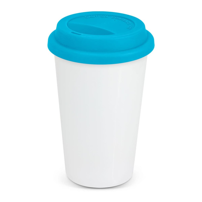 A double wall coffee cup in full color featuring a bright blue lid and a white body.