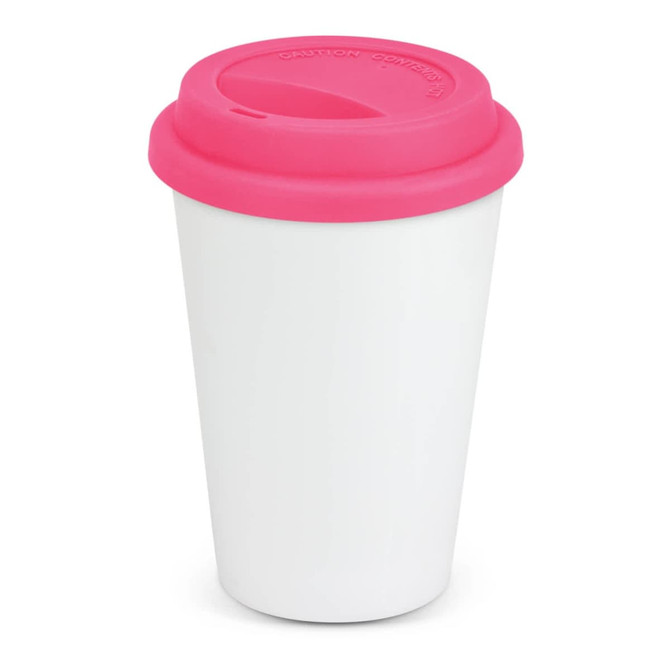A double wall coffee cup with a white body and a bright pink silicone lid.