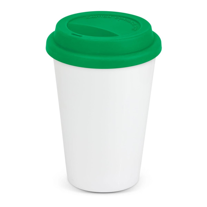 A double-wall coffee cup with a smooth white body and a green silicone lid.