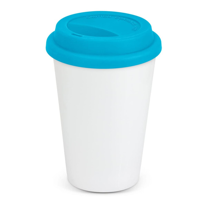 A double wall coffee cup featuring a white body and a bright blue silicone lid.