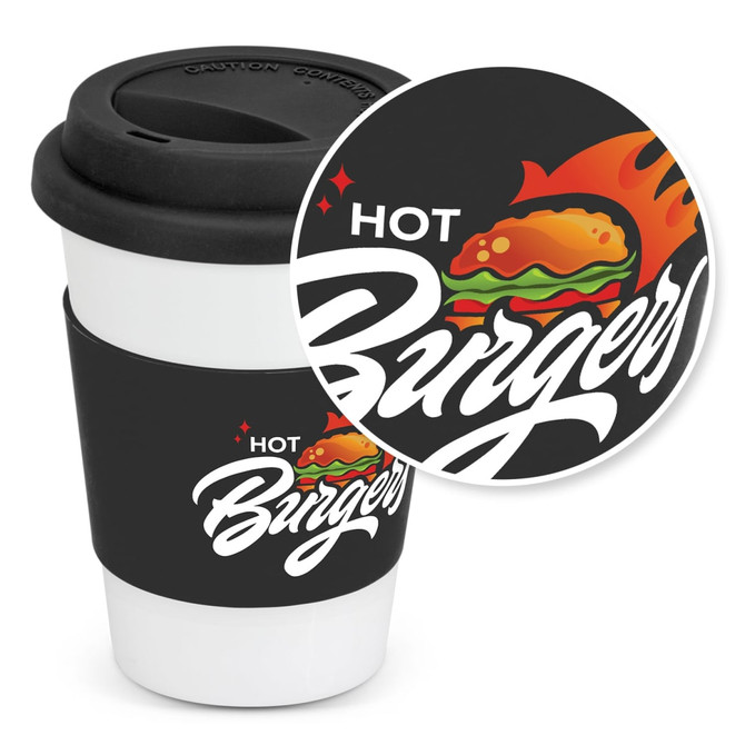 A coffee cup featuring a black sleeve and a white body, adorned with a burger graphic and logo.