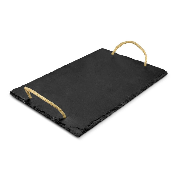 A black slate serving board with rope handles, ideal for serving cheese and other dishes.