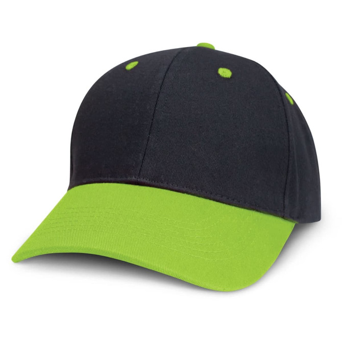 A Highlander Cap featuring a black body and a bright green visor.