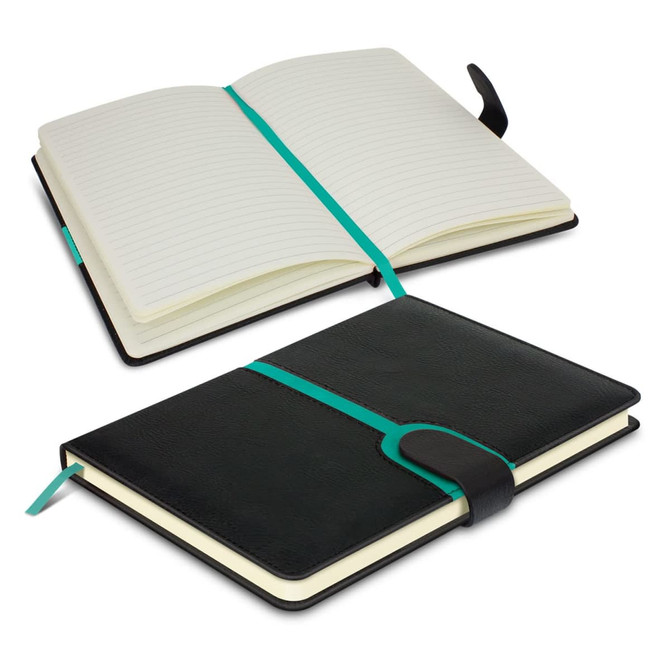 A black notebook with a turquoise elastic band, open to reveal lined pages and a ribbon bookmark.
