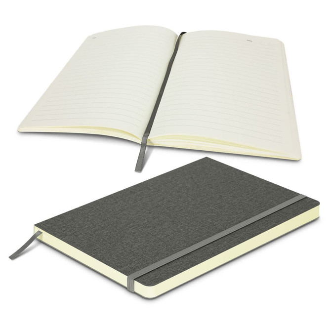 A gray notebook with a textured cover, featuring lined pages and a ribbon bookmark. It has a logo on the cover.
