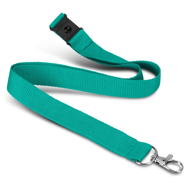A teal soft touch lanyard with a clip and adjustable buckle, featuring a logo.