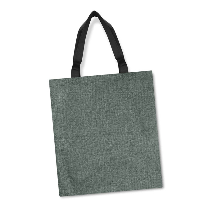 A green tote bag with black handles and a textured surface, featuring a logo.