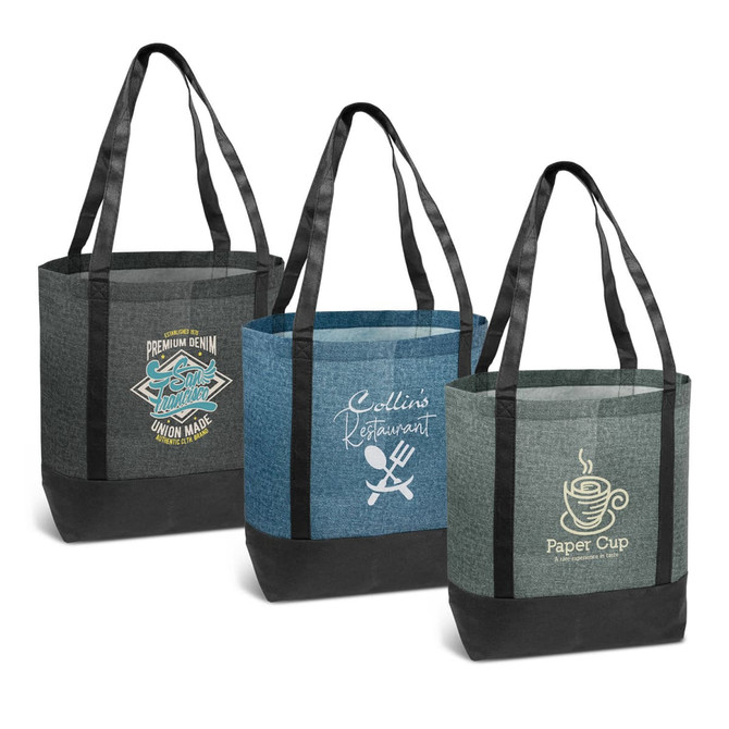 A set of three tote bags in grey and blue with black accents, each featuring a different logo design.