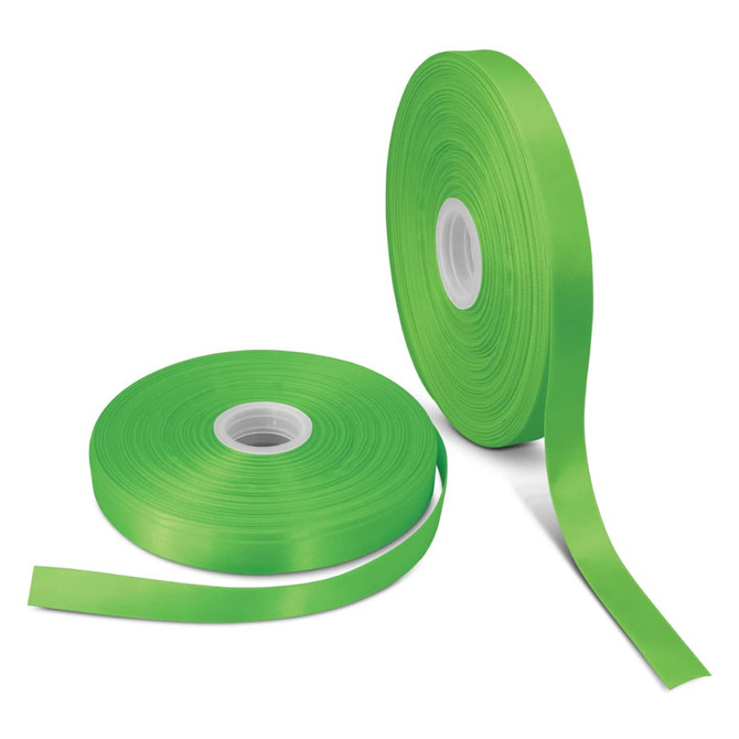 A roll of bright green personalised ribbon, coiled and partially unspooled, on a white background.