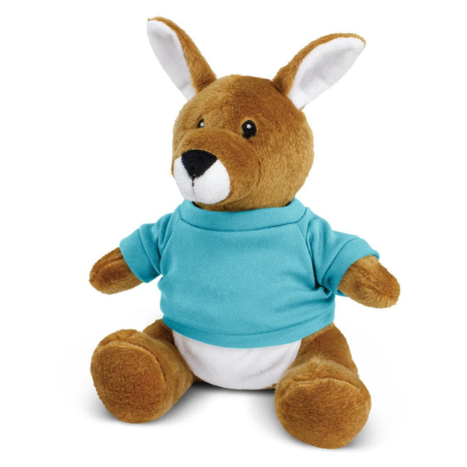 A brown kangaroo plush toy wearing a light blue shirt, featuring large ears and a friendly expression.