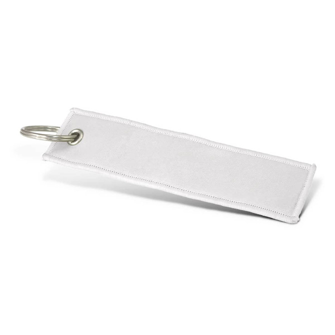 A white woven key ring with a metal ring and a plain fabric strip, featuring a simple design.