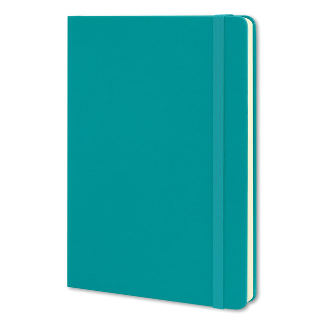 A large turquoise hard cover notebook with an elastic band and cream-coloured pages.