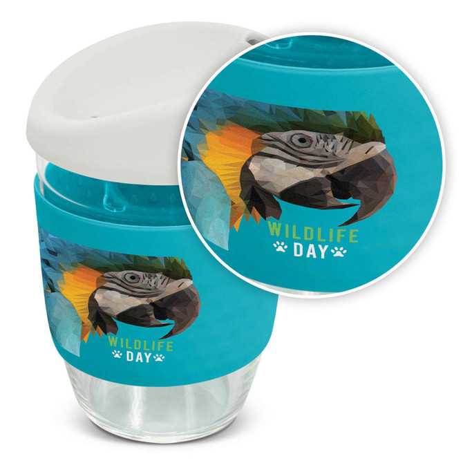 A drink bottle featuring a vibrant blue design with a wildlife theme and a white lid. It has a logo on it.