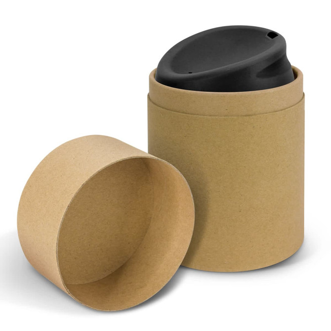 A drink bottle in a black lid design, presented in a circular kraft paper container.