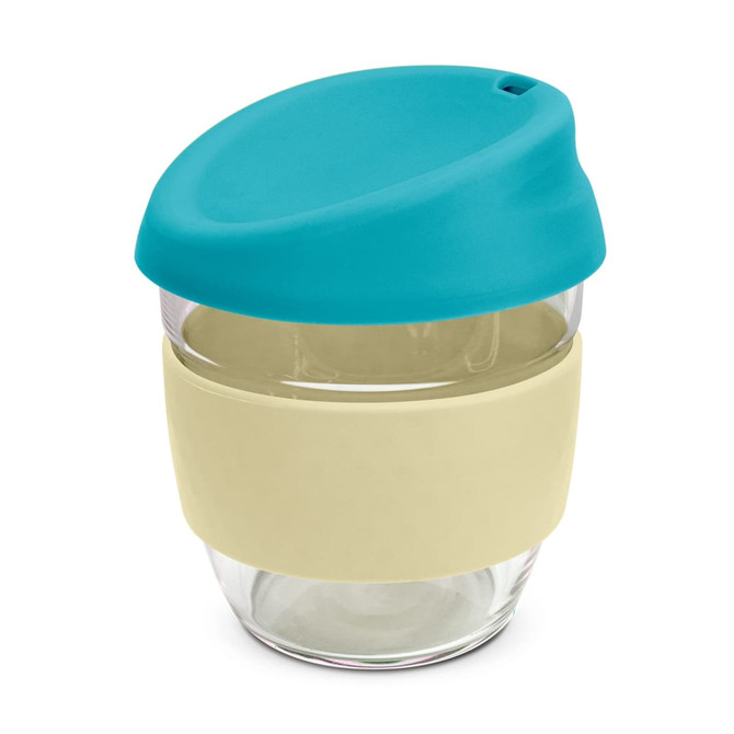 A drink bottle made of clear borosilicate glass with a teal lid and a beige silicone sleeve. It features a logo.