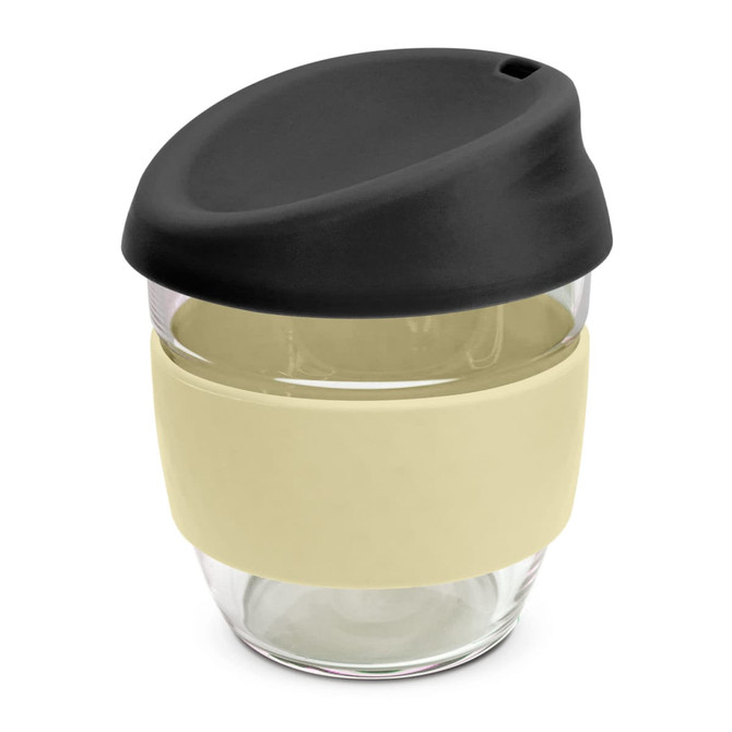 A drink bottle featuring a clear borosilicate glass body, cream silicone grip, and a black lid.