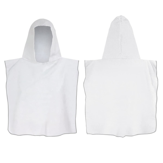 A white hooded towel with a pouch design. Features a hood and a soft texture. Includes branding on the material.