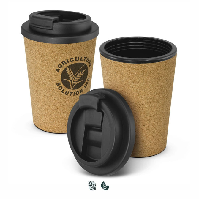 A double wall cup in a natural cork finish with a black lid and interior, featuring a branded logo.