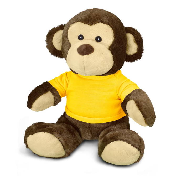 A plush monkey toy featuring brown fur and a yellow shirt, with round ears and a friendly face.