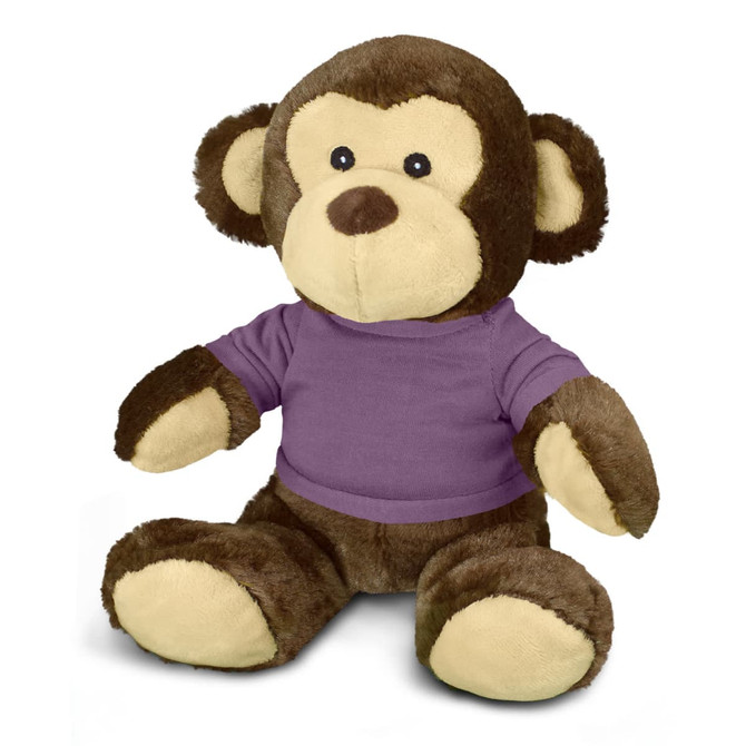 A plush monkey toy with brown fur and a purple shirt, featuring a cute, smiling face and soft, rounded ears.