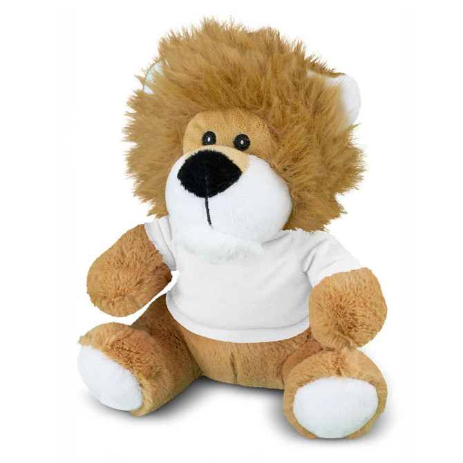A plush lion toy with a fluffy mane, brown and tan body, and a white T-shirt. It has a cute, friendly expression.