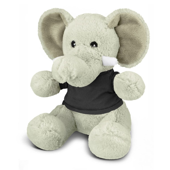 A grey elephant plush toy with large ears, wearing a black shirt, sitting upright. Featuring a logo on the shirt.