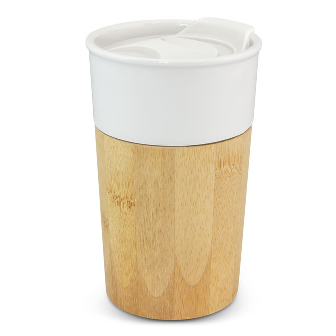 A coffee cup featuring a white top and a bamboo-style base with a lid, designed for beverages.
