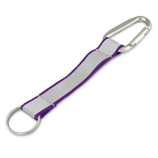 A purple reflector key ring with a silver carabiner and a metal ring attachment.