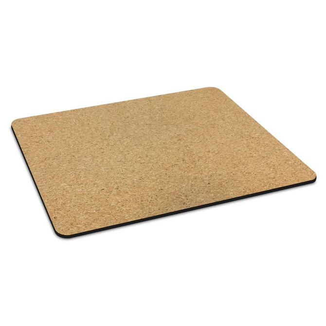 A cork mouse mat with a black border, featuring a textured natural finish.