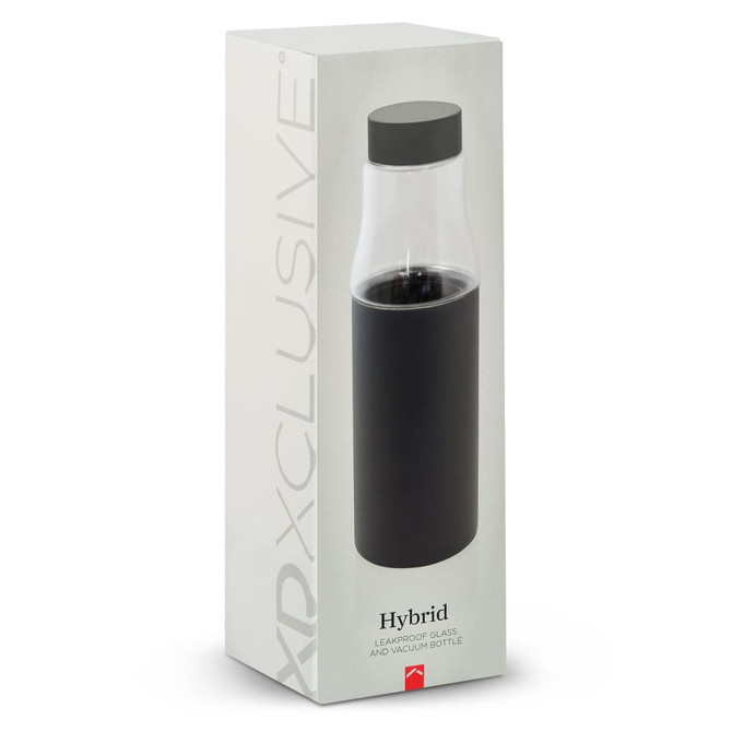 A drink bottle in a black sleeve, packaged in a box with a clear upper section and a logo.