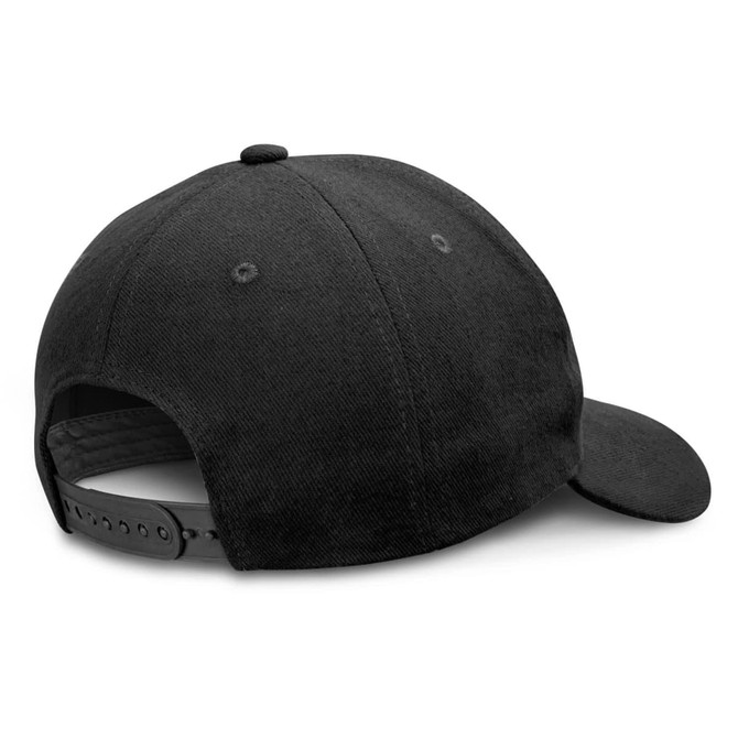 A black cap with a curved brim and an adjustable strap at the back, featuring a logo.