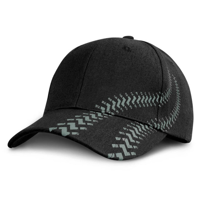 A black cap with a curved brim featuring a distinctive pattern and a logo.