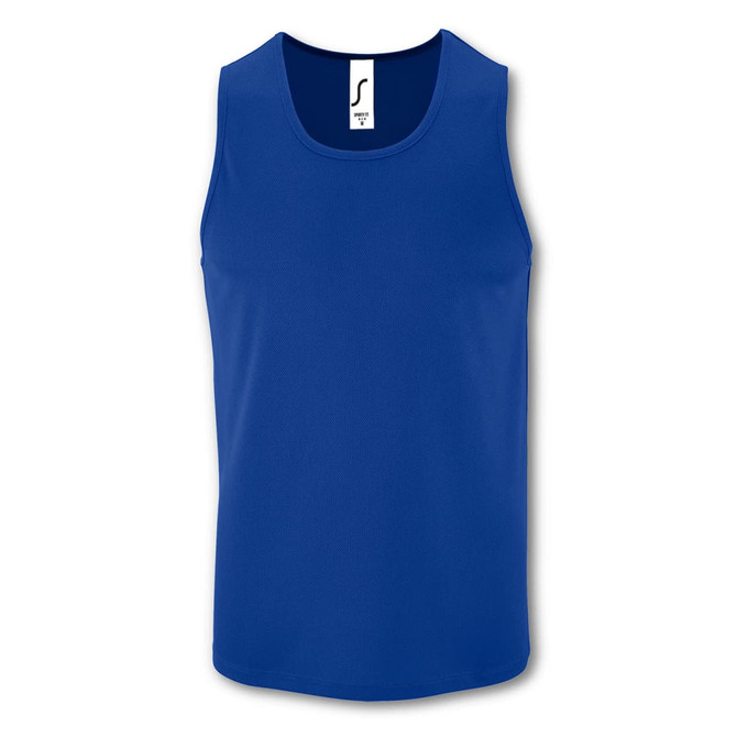 A blue men's tank top with a label and no additional design details or graphics.