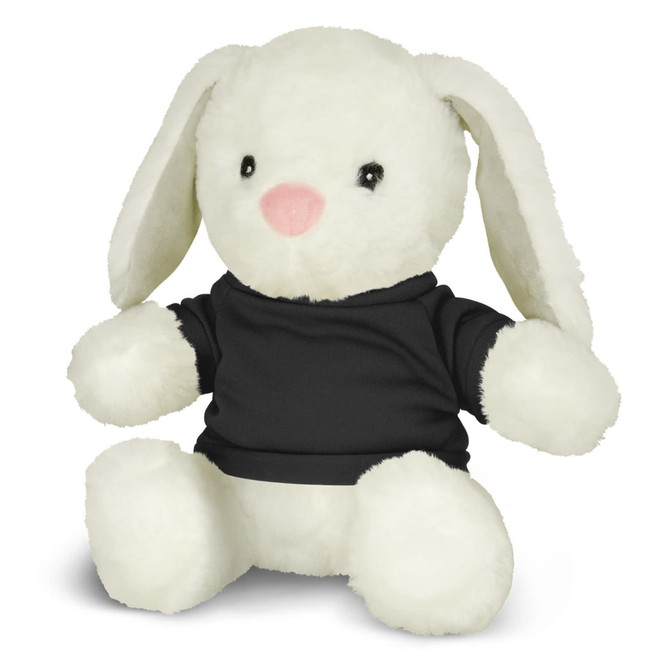 A white rabbit plush toy wearing a black shirt, featuring large ears and a pink nose.