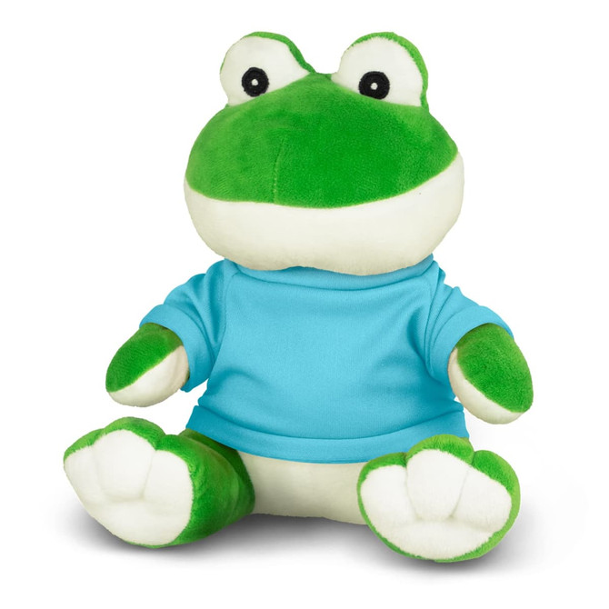 A green frog plush toy wearing a blue shirt, sitting with arms and legs outstretched.