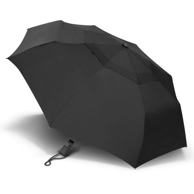 A black metropolitan umbrella with a compact design and a strap for easy carrying. It features a logo.