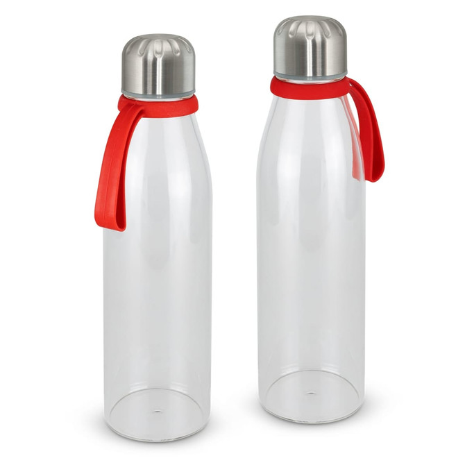 A drink bottle with a clear body and stainless steel cap, featuring a red silicone strap. It has a logo on the cap.