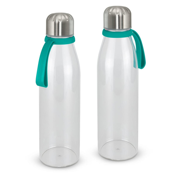 A drink bottle with a transparent body, stainless steel cap, and turquoise silicone strap. It features a logo.