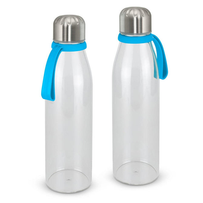 A drink bottle featuring a clear body with a silver lid and blue silicone grip. Includes branding on the lid.